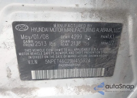 2009 Hyundai Sonata Gls из США, поврежденный, VIN 5NPET46C29H455924